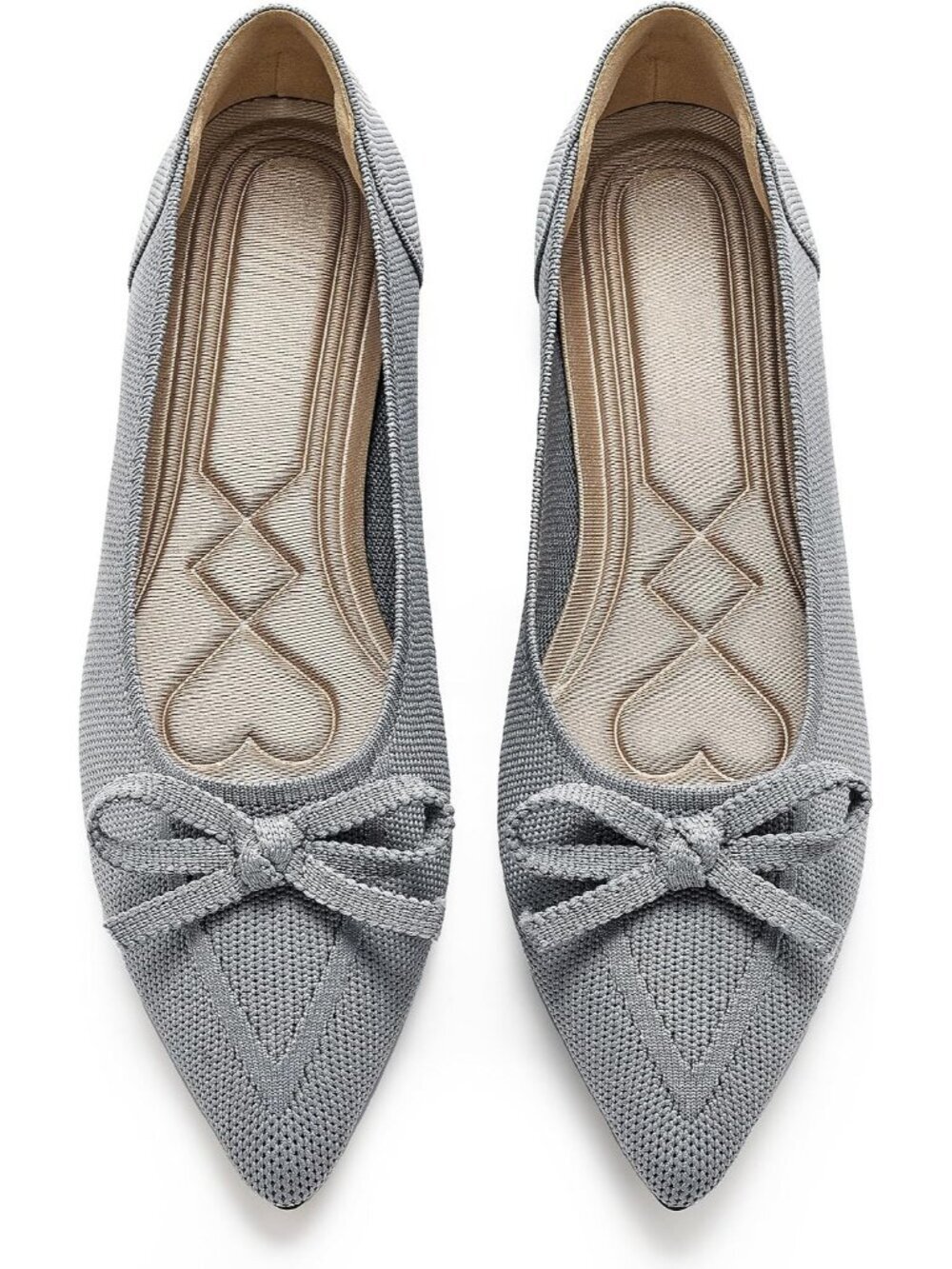 Women's Grey Pointed Toe Bow Knit Ballet Flats Comfortable Slip On Dress Shoes